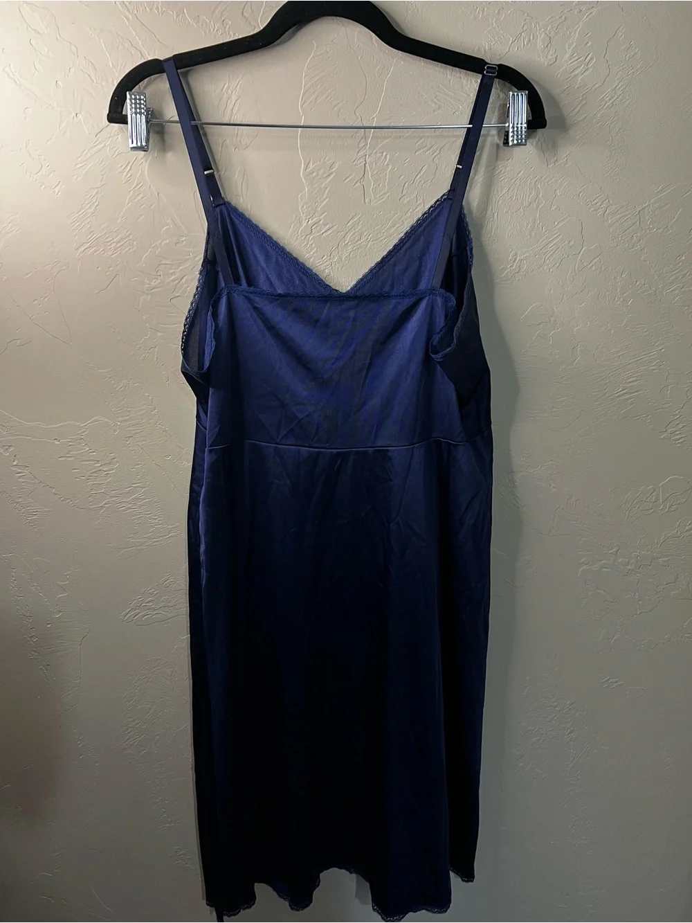 Vanity Fair Vintage 80s Navy Blue Semi Sheer Lace Trim Midi Slip Dress